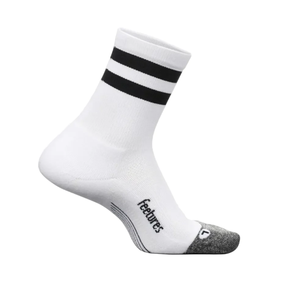Feetures Unisex Elite Lite Cushion Mini Crew Socks in White High Top Stripe SS26