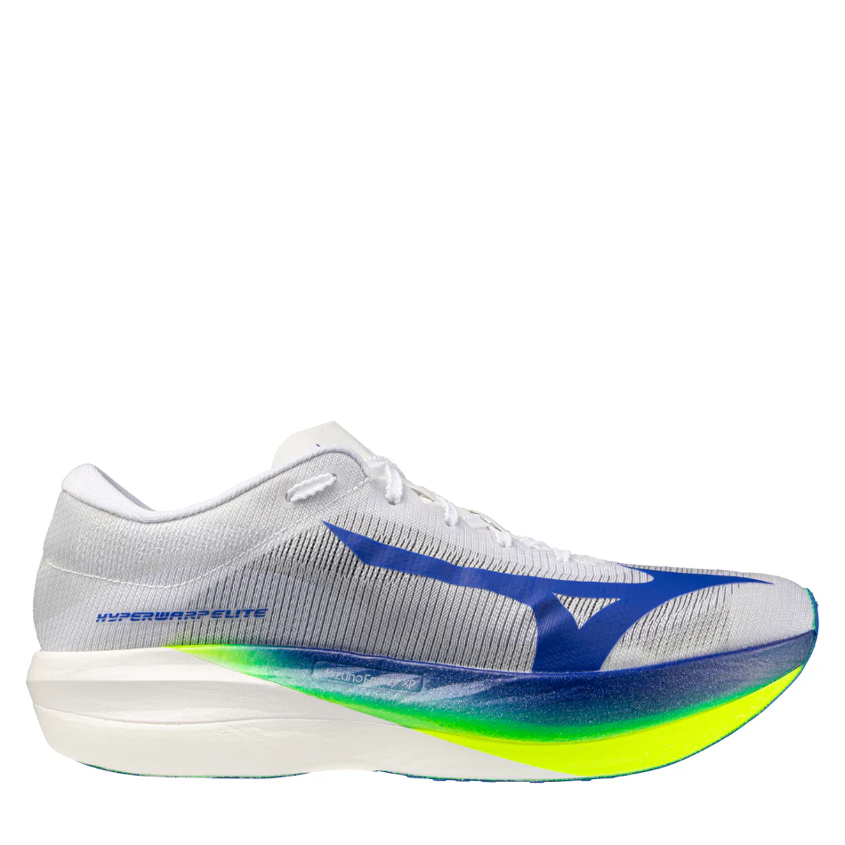 Mizuno Unisex Hyperwarp Elite Running Shoes in White/Lightening Yellow/Dazzling Blue SS26