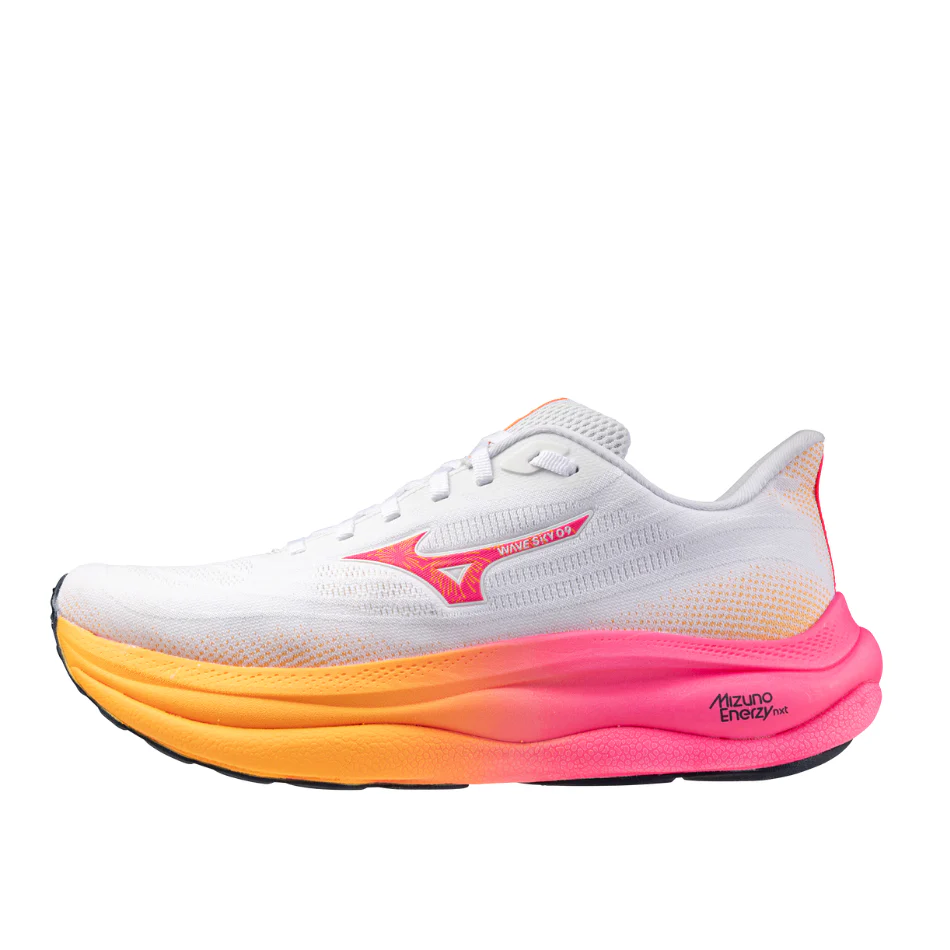 Mizuno Unisex Wave Sky 9 Running Shoes in White/Tang Orange/Pink Tetra AW25 - Image 7